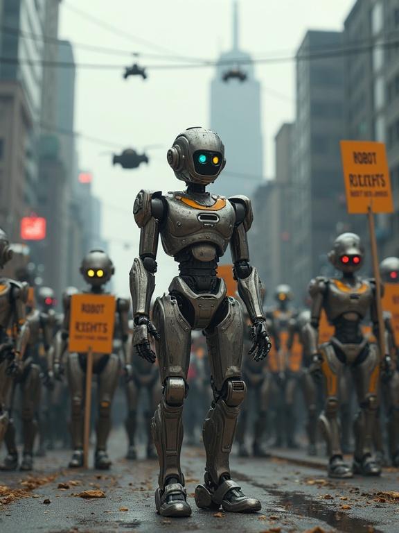 Group of robots protesting against humans mishandling. Models of robots from old to ultra modern. They hold signs saying Robot Rights! and Freedom for robots. Half fallen electric posts and bombed buildings in the background. Skyscrapers and flying cars visible. Highly detailed with bright colors and futuristic designs.