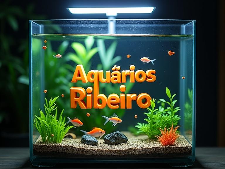 Beautiful aquarium filled with small colorful fish. Light positioned above water surface. 3D text floating in water reads Aquários Ribeiro. Decorated with aquatic plants and rocks.