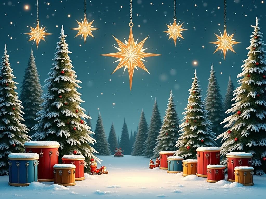 This image depicts a magical winter landscape filled with lush evergreen trees covered in snow. Brightly colored drums are arranged in a festive pattern under a sky lit with sparkling stars. The atmosphere is filled with a warm glow from golden hanging stars, creating a cozy holiday ambiance. It's a perfect blend of nature and Christmas decorations, inviting viewers to immerse themselves in the holiday spirit. The scene feels peaceful and enchanted, reminiscent of joyful moments during the Christmas season.