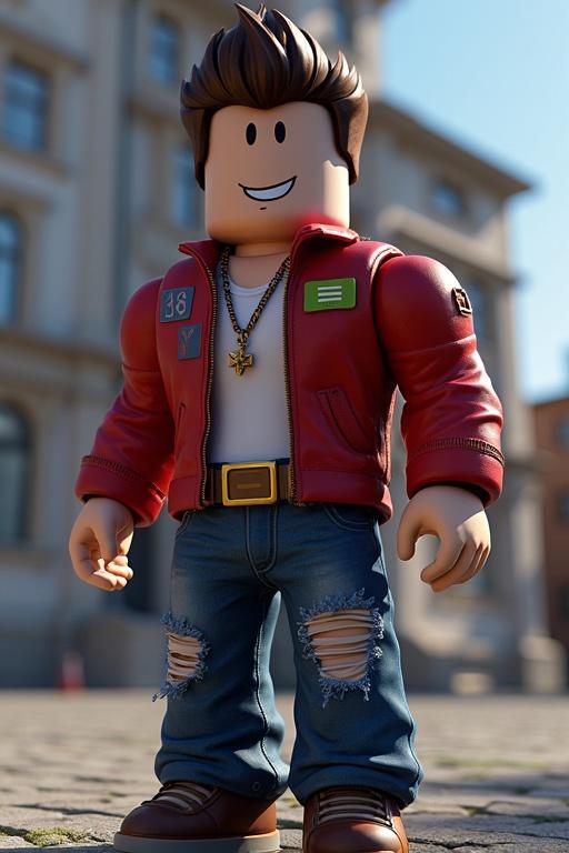 A Roblox character is posing in a bright environment. The character wears a stylish red jacket with ripped jeans. The background shows a cityscape. The character has a confident expression and is styled boldly.