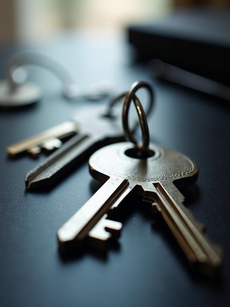 Close-up of house keys on a dark surface. Modern sleek design with black white gray shades. Subtle geometric shapes and light effects. Professional tone suitable for a banner.