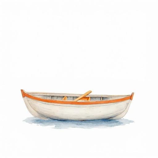 Watercolor art featuring a wooden boat. Boat painted white with an orange outline. Two wooden oars included. Centered composition with a blank background. Pastel colors used throughout.