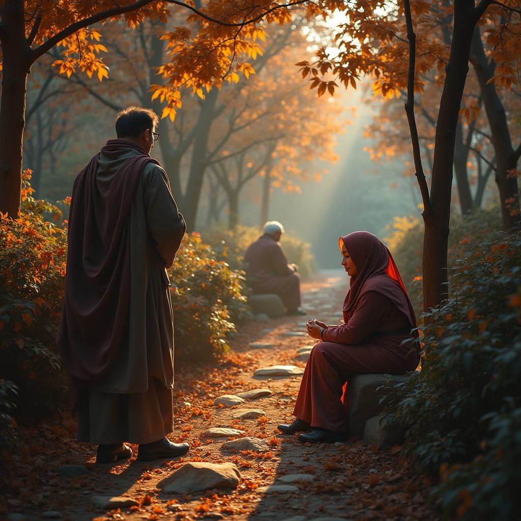 Image depicts a serene outdoor scene with three individuals. Two figures are situated on a stone path surrounded by vibrant autumn foliage. One person is seated, while another stands behind. A light beam filters through the branches, enhancing a tranquil atmosphere.