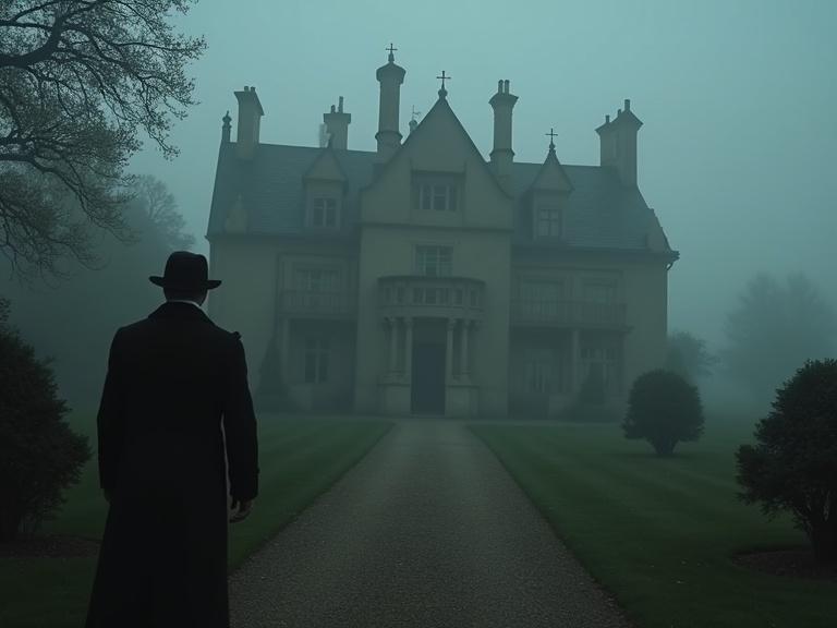 Fog covers a 1917 English countryside estate. The mansion stands shrouded in mystery. A death has occurred inside. The detective Hercule Poirot investigates. Tension looms as suspects linger in the shadows. Intrigue surrounds a shattered teacup and strychnine bottle.