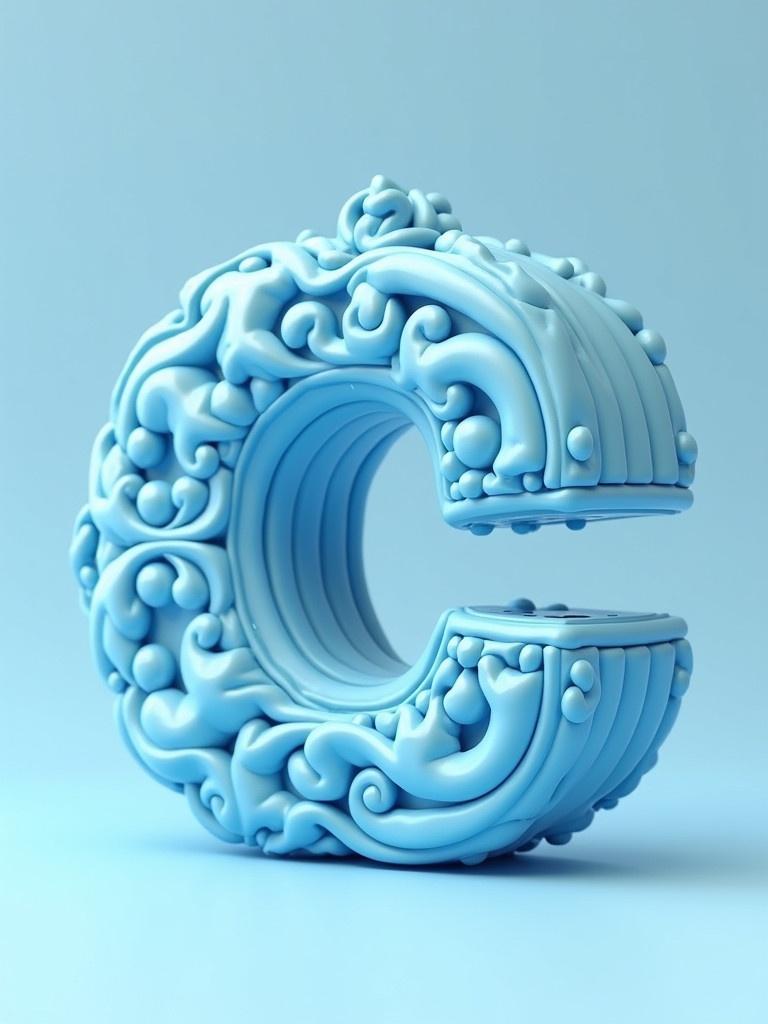 A 3D letter 'C' created in sky blue color. The letter features an ornate design with intricate details. It stands on a flat surface. The focus is on the decorative elements of the letter.