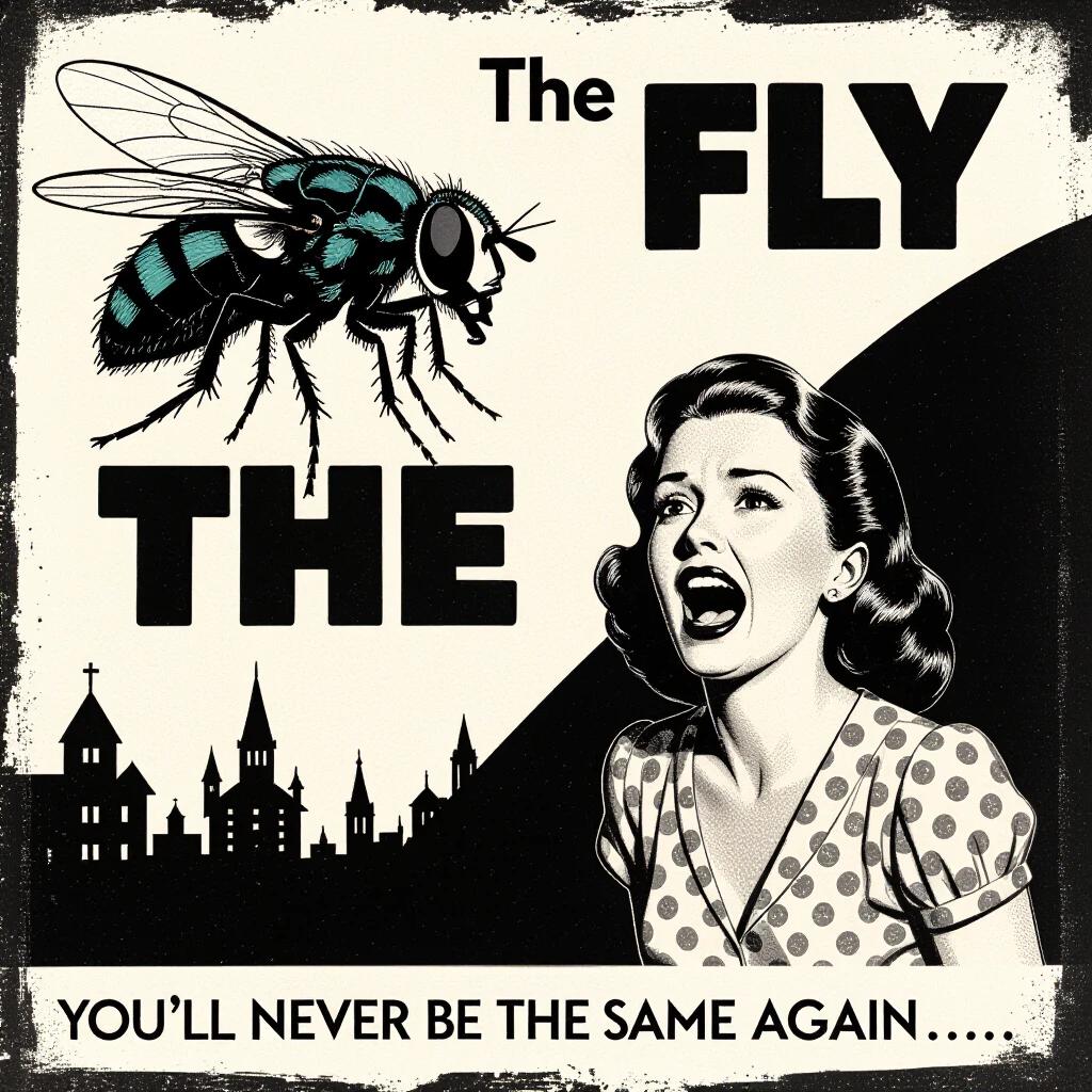 Artwork inspired by 1940s horror poster style. Black and white image. Giant fly in the upper left corner. Woman screaming in the lower right corner. Title reads 'The Fly'. Tagline below states 'You’ll never be the same again...'. Additional text reads 'Transformation is... beautiful.'
