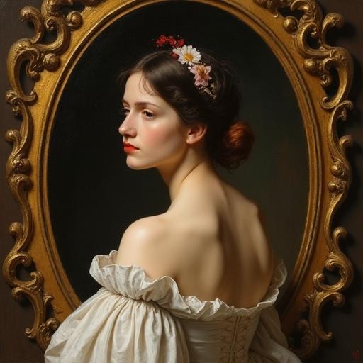 Painting of a woman in profile view adorned with flowers in her hair. Decorative golden frame surrounds the subject. Soft warm lighting highlights her features. Exudes elegance and grace.