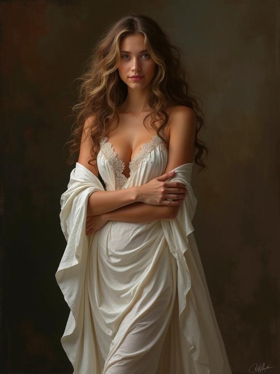 Captivating 4k oil painting of a woman with long curly hair. Dressed in a delicate white garment. Arms crossed radiating quiet confidence. Dark richly textured background. Warm deep colors enhancing depth and movement. Balancing light and shadow for dramatic effect. Soft highlights on garment's texture and expression. Enigmatic inviting mood. Expressive refined brushstrokes blending realism with artistic flair.