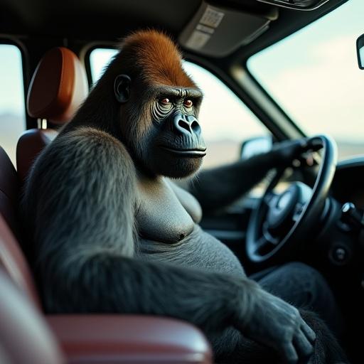 Gorilla is sitting in the passenger seat of a car. The gorilla has a relaxed posture. The car interior is clearly visible with natural light.