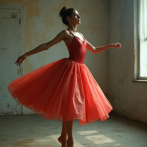 A girl dancing gracefully in a flowing coral dress. The setting is a softly lit room with an elegant and timeless ambiance. The skirt of the dress flares out as she twirls.
