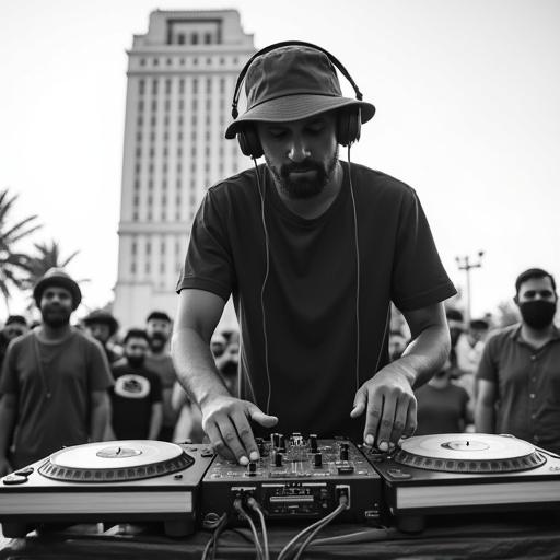 Black and white photograph of a DJ performing outdoors at a community event. DJ is wearing headphones and a bucket hat. DJ leans over professional DJ setup with turntables and mixing board. Hands show focused concentration. Casual setting with breakdance battle in background. High contrast photography with detail on DJ equipment.