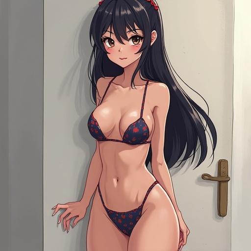 Anime girl in bikini with floral pattern standing by a door. The background is simple, focusing on the character. Soft lighting highlights the character's features and attire.