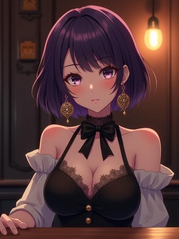 A beautiful anime lady with dark violet hair sits at a polished wooden bar counter. She has sharp facial features with a calm expression and a subtle wave in her bob hair. The lady wears an off-shoulder sleeved top layered under a dark vest with lace detailing, complemented by a small black bow at the neckline. Elegant dangling earrings in antique gold complete her sophisticated look. The setting is a cozy, dimly lit bar, adding to the intimate ambiance.
