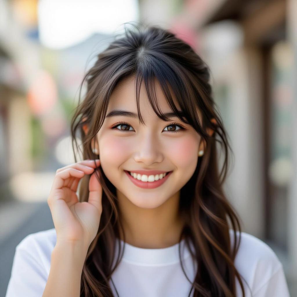 Portrait image features a 15 years old Japanese girl with cute face smiling at the camera. She uses right hand to pull her hair behind her ear. The background shows a blurred street atmosphere. Girl's expression conveys happiness and youthfulness.