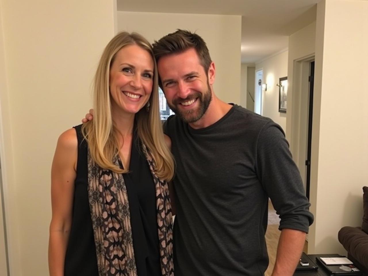 The image features two individuals standing together in an indoor setting. They are smiling and appear to be enjoying the moment. The background shows a simple interior, possibly a living room with light-colored walls. The person on the left is wearing a stylish outfit with a scarf, while the person on the right is dressed in a casual dark shirt. The overall atmosphere feels warm and inviting.