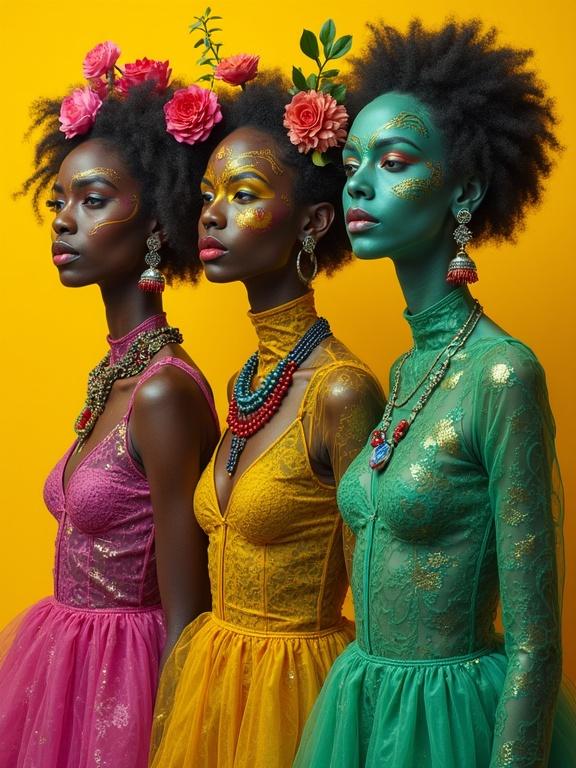 Surreal whimsical portrait featuring three beautifully attired models. Models wear see-through Katanga dresses in vibrant shades of green and magenta. Background is a bright yellow ocher. Attire features intricate details and contrasting colors.