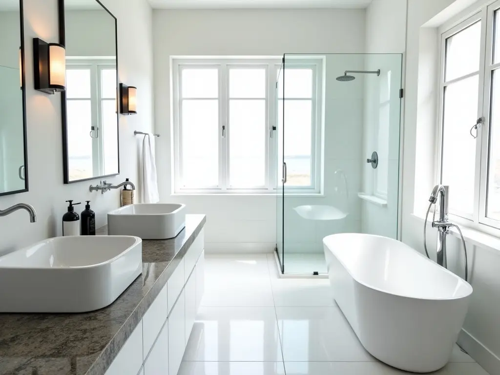 The image shows a modern and spacious bathroom. There are two stylish white sinks on a granite countertop. A freestanding bathtub is positioned next to a glass shower. Natural light floods the room through large windows. The decor is sleek with white walls and elegant lighting fixtures. Reflections can be seen in the mirrors above the sinks. The overall aesthetic is clean and minimalist, creating a soothing atmosphere.