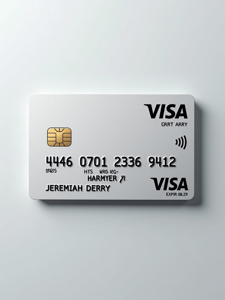 Realistic image features a credit card. Card shows Visa logo prominently. Card number appears clearly. Name well aligned under the logo. Expiry date shown. Background is clean and silver with bold black font.