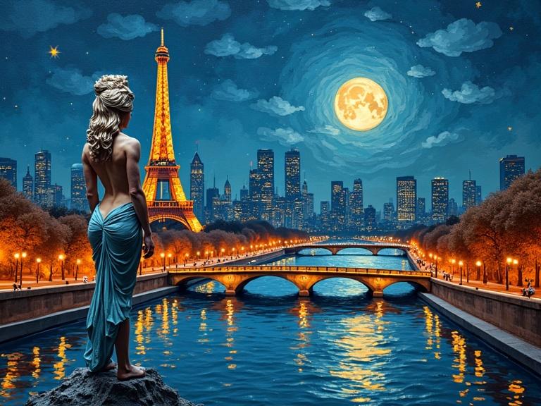 A digital art piece depicting a nude Cleopatra overlooking the Paris skyline at night under a full moon. The scene features thick textured layers in vibrant colors, with city lights reflecting on the Seine River. The Eiffel Tower and other iconic buildings create a stunning backdrop against a starry sky in Van Gogh style.