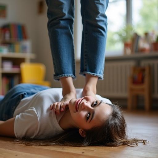 Smiling barefoot woman wears jeans standing on face of female classmate laying on the floor. Indoor setting shows friendly interaction.