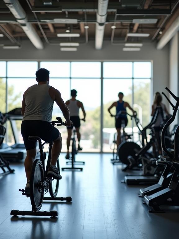 Image depicts an indoor gym environment. Multiple individuals are exercising. A person rides a stationary bicycle. Another person runs on a treadmill. Weight machines are in use. Brightly lit space with natural light.