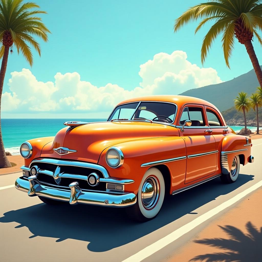 A vintage muscle car showcases elements of 1950s American nostalgia. Bright orange color with chrome details. Set against a coastal road with palm trees and a sunny sky. Evokes a sense of freedom and adventure.