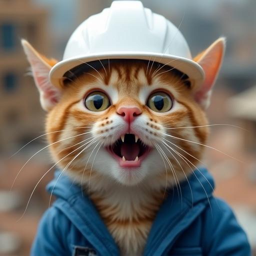 A semi-realistic cat wears a white hard hat and blue work jacket. Cat shows surprise with wide open eyes and raised eyebrows. Mouth is open in shock. Fur is detailed. Background features a construction site.