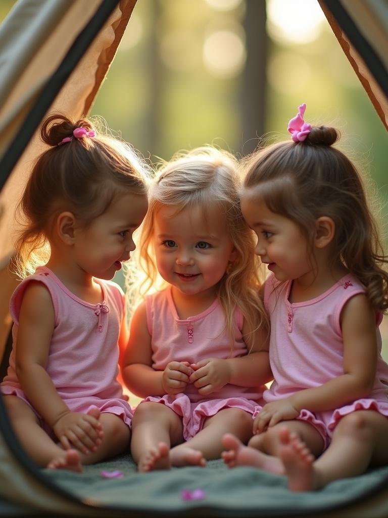 Three cute little girls in a tent camping in the woods. They wear short pink nighties. They show curiosity about each other. Soft lighting creates a warm atmosphere. The image captures an intimate moment among friends.