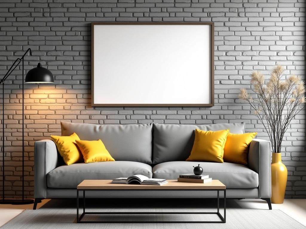 This is a modern living room mock-up picture with a simple and clean design. The room features a textured grey brick wall that adds depth and character. A large empty white frame hangs on the wall, ready for artwork or photos. A plush grey sofa is positioned in the center, adorned with two bright yellow cushions for a pop of color. On the floor, there is a stylish wooden coffee table with a few magazines spread out. Near the sofa, a sleek floor lamp casts a warm glow, while a golden vase with dry branches adds an elegant touch. The overall lighting in the room is soft and warm, giving it a cozy atmosphere.