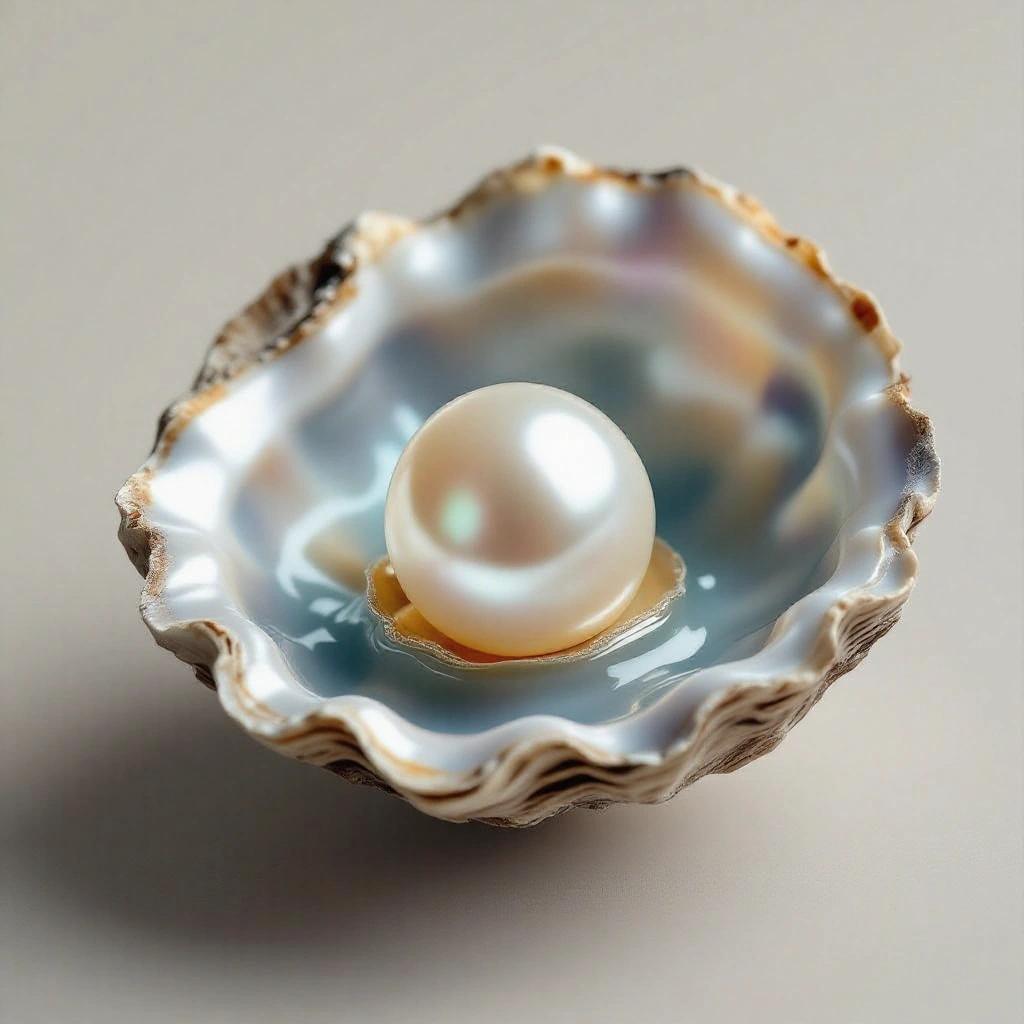 Ultra-realistic small pearl in an oyster captures luxury and natural beauty. Focus on the pearl and oyster shell with soft lighting and close-up perspective.