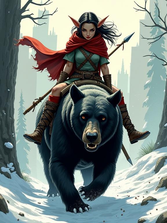 Hand-drawn comic illustration style featuring a feminine goblin with a spear riding a black bear. Frost particles in the air create a magical atmosphere. The character showcases lifelike motion and realistic anatomy. Composed with dynamic posing and high detail in skin and fabric textures. Superhero pose adds to the dramatic effect.