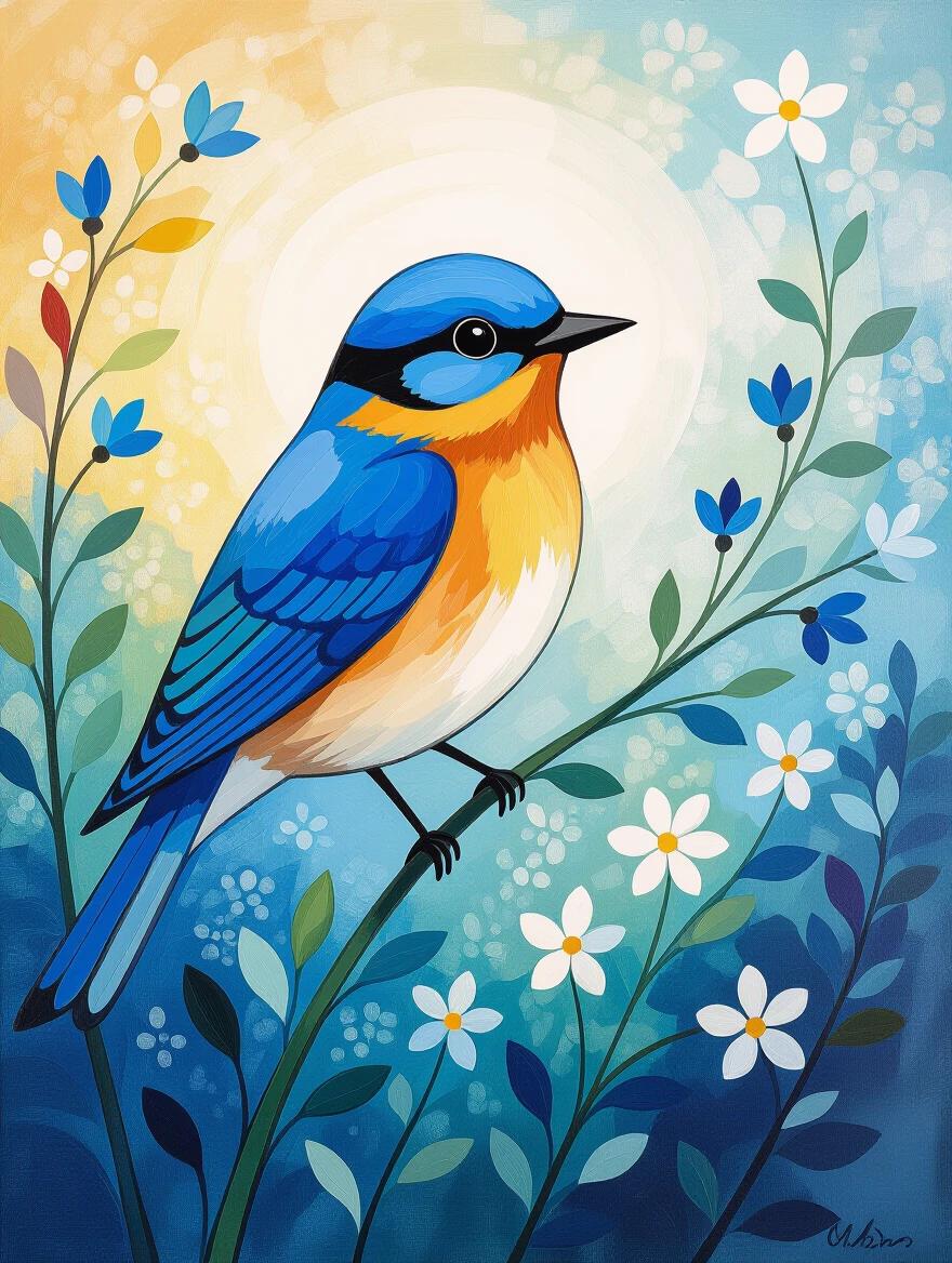 Vibrant bluebird illustration created in the style of Marc Chagall. Bird has bright blue feathers with an orange chest. Bird is perched on a green branch surrounded by colorful flowers. Background features soft colors blending in an artistic way.