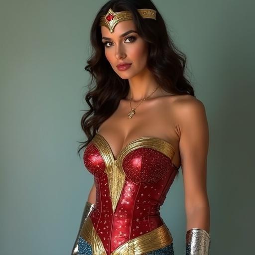 A young Lebanese woman cosplaying as Wonder Woman from the 1950s. She has a muscular build. The costume features red, gold, and blue colors typical of the character. The scene has a soft, natural lighting tone.