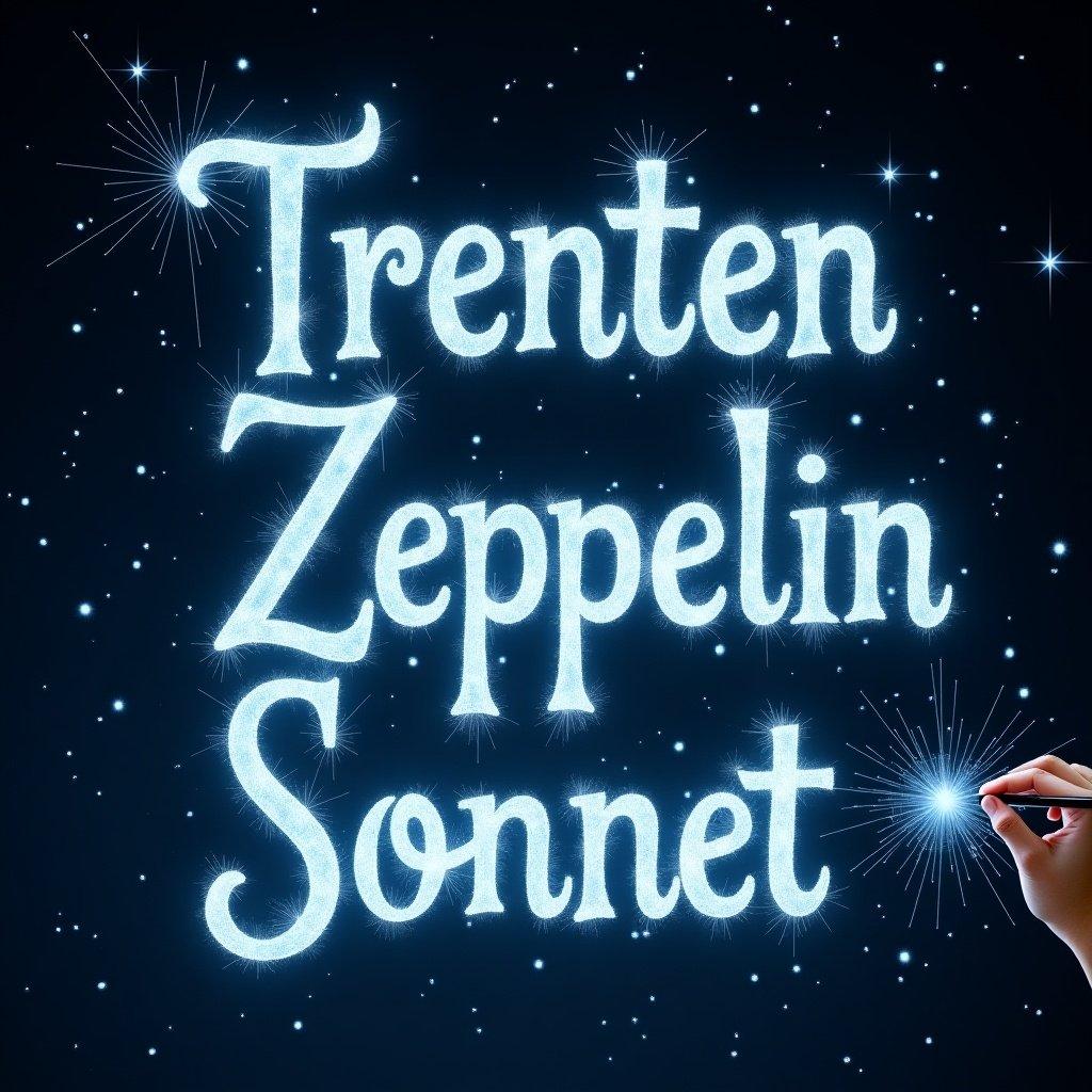 An elf is using a magical wand to write names in sparkling text against a starry night sky. The names 'Trenten', 'Zeppelin', and 'Sonnet' are elegantly crafted with a glowing effect. The background is dark, allowing the white and light blue letters to stand out vividly. The scene conveys a sense of magic and wonder, resembling a whimsical fairy tale. It captures the imagination, inviting viewers into a fantasy world.