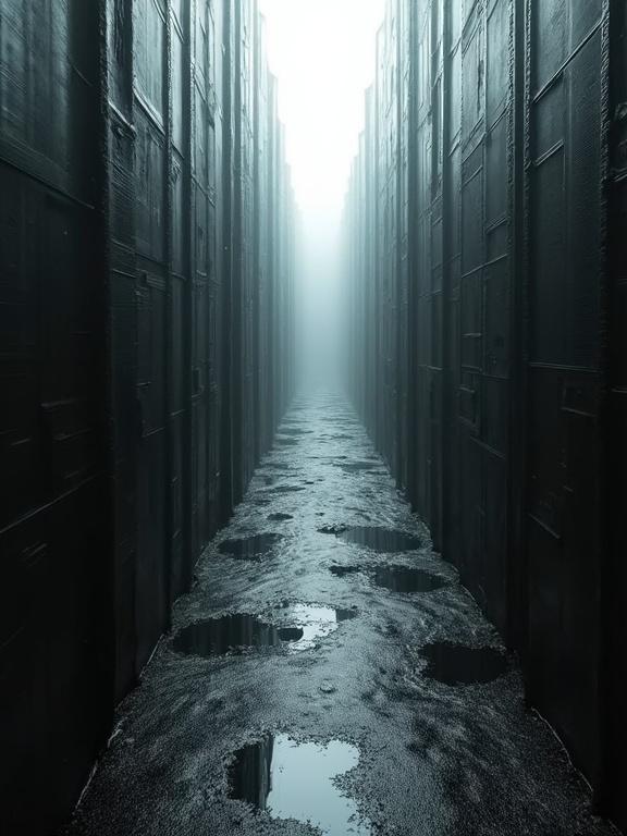 A digital void resembles the space between film strips. Walls and roads made of black plastic film appear unfinished and unraveling.
