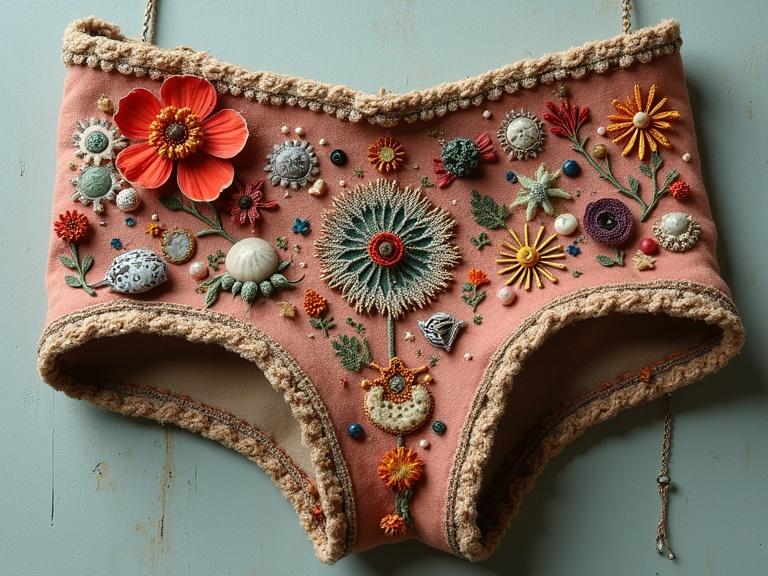 3D primitive design featuring labia with mixed media elements. Includes fabric, dried flowers, buttons, shells, threads, yarns, encaustic wax, and oil. Detailed textures create an artistic piece.