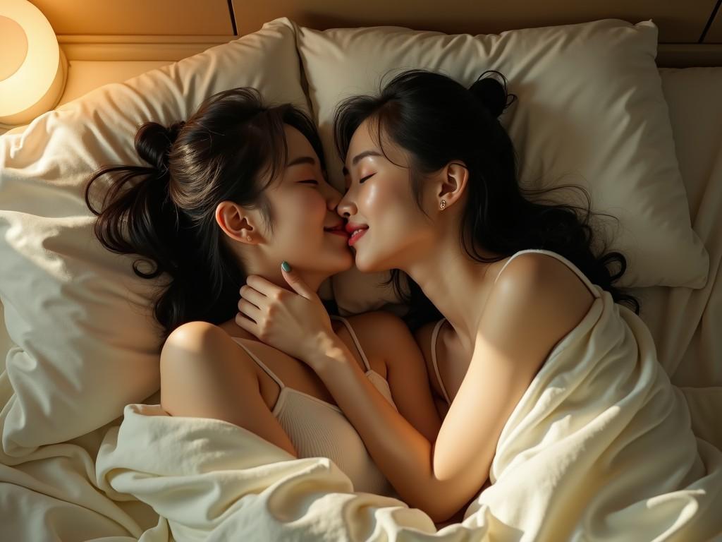 In this intimate and tender scene, two individuals lie comfortably on a bed, embraced in a loving kiss. The soft, warm glow of a bedside lamp highlights their serene expressions and adds to the cozy atmosphere. Blankets and pillows surround the couple, creating a sense of comfort and warmth.