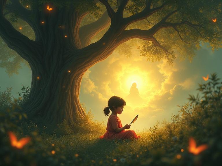 A young girl sits under a large tree in a glowing forest. She holds a shining feather. The forest has golden light, glowing butterflies, and mist. She appears curious and calm. A soft image of her Nani is in the clouds.