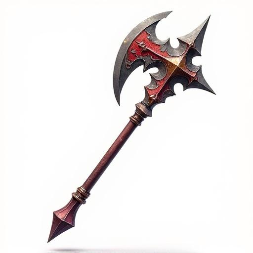 Photorealistic fantasy-inspired game asset isolated on a transparent white background. A battle axe without gems. Lighting neutral with vibrant patterns and details, rendered in game-ready quality. Shot with a 50mm lens, f/2.8 for a crisp depth of field.