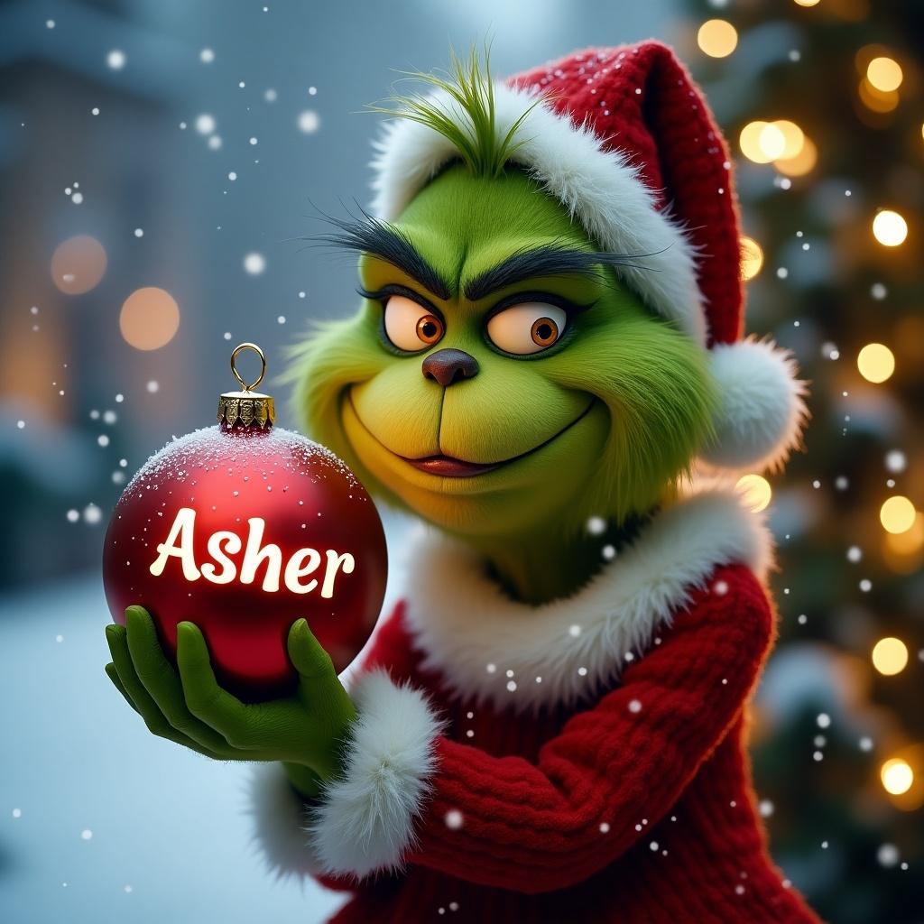 Grinch character holds a red Christmas bauble. Name Asher visible. Snow falls in the background with Christmas lights.