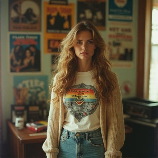 A beautiful woman dressed in 1980s clothing with an attitude. Faded jeans with a 70's cardigan t-shirt design featuring 'VAN HALEN - Amplified Collection - World Tour 78'. Background filled with posters and vintage items. Poor lighting and dull colors, heavy makeup. Taken in a Polaroid style.
