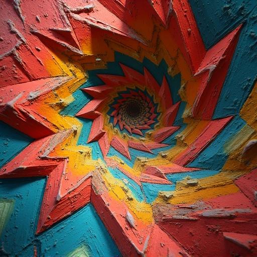 A kaleidoscopic digital artwork featuring a spiral pattern. Geometric shapes dominate the composition with vibrant colors including red yellow and blue. The artwork presents a textured surface that appears rough, while shadows and highlights provide depth.