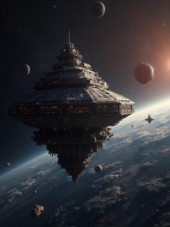 Futuristic spaceship in space environment. Ship is hovering over Earth with asteroids around. Intricate design with lights and details.