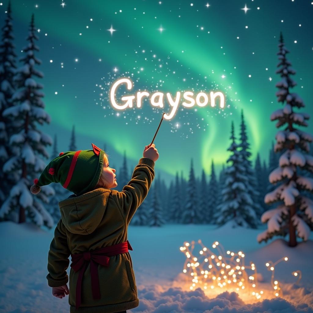 A child dressed in an elf costume stands in a snowy landscape with their back to the viewer. They are using a wand to spell out the name 'Grayson' in the sparkling air. Above them, the northern lights dance beautifully in the sky. The foreground is adorned with gentle twinkling lights, creating a warm and inviting atmosphere. The surrounding trees are blanketed in snow, enhancing the winter wonderland feel. This scene captures the essence of holiday cheer and magic.