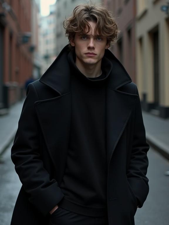 Young male assassin around 19 years old standing in a dark urban street wearing black contemporary clothing. He has messy light brown hair and brown eyes, with a soft rounded face resembling cute boys found on TikTok. Realistic style captured like a high-quality photograph.