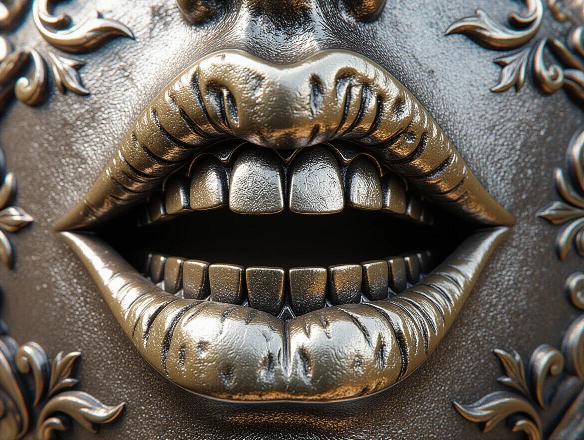 Closeup artwork featuring hyper-realistic metal lips and teeth. Display of intricate metalwork with shiny textures. Blend of artistic and edgy themes in design. Captivating and visually striking.
