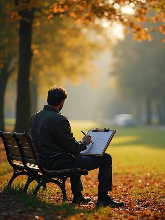 Artist sketching on park bench under soft morning light surrounded by autumn trees. Camera slowly moves in to capture peaceful ambiance. 