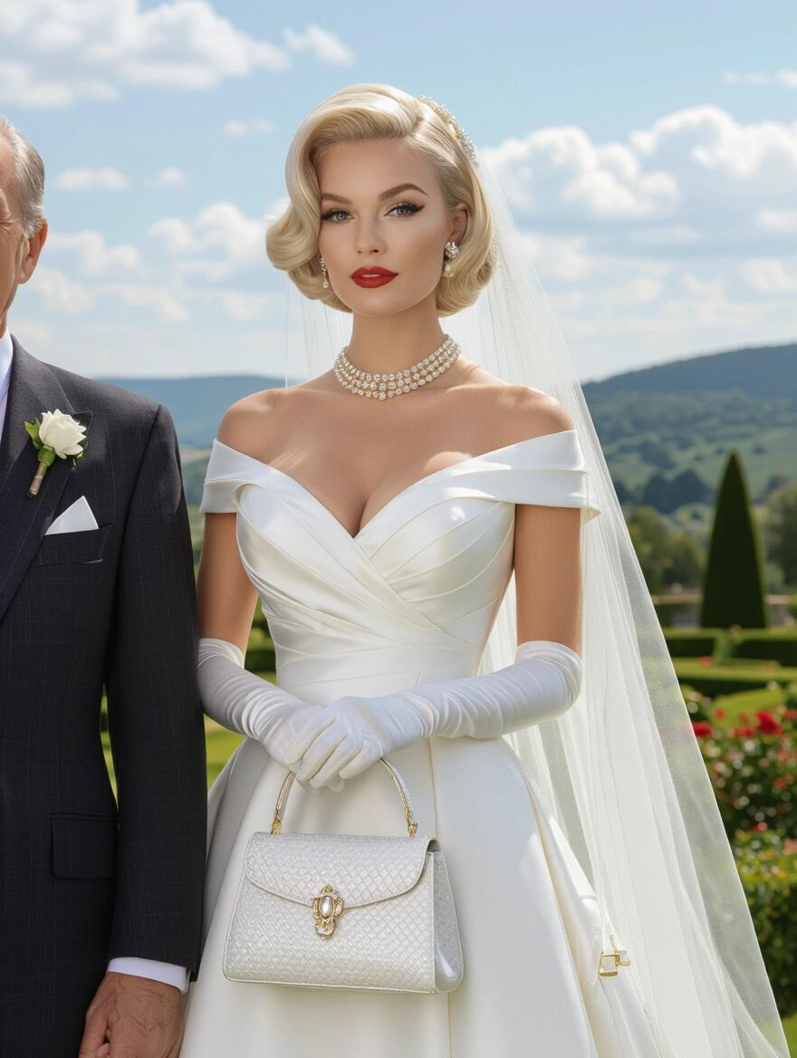 Portrait of a 1960s woman in a wedding dress. Voluminous platinum blonde hairstyle. Wearing pearl necklace and diamond earrings. Classic form-fitting wedding gown with elbow-length gloves. Holding a white purse. Flawless makeup with winged eyeliner and red lipstick. Standing next to an older man in a suit. Setting outdoors near a church with elegant decor.