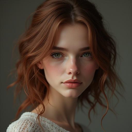 Create a highly detailed portrait of a young woman with wavy hair and soft features. Capture the essence of beauty and warmth in her expression. Utilize natural lighting to enhance the realistic quality of the image.