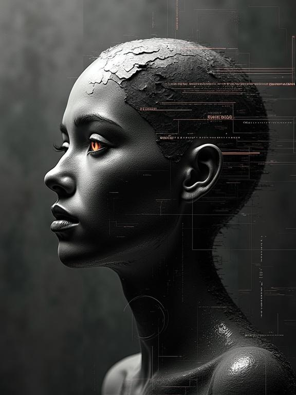 Surreal cyberpunk digital art piece. Fragmented human bust depicted in profile. Face is a mosaic of blurred pixels and distorted features. Faint lines of binary code overlay the form. Glowing circuitry traces across the bust's surface. Dark, abstract background with diffused light and shadow. Monochromatic palette of blacks, whites, and grays. Single sharp eye pierces through digital chaos, casting a glow.
